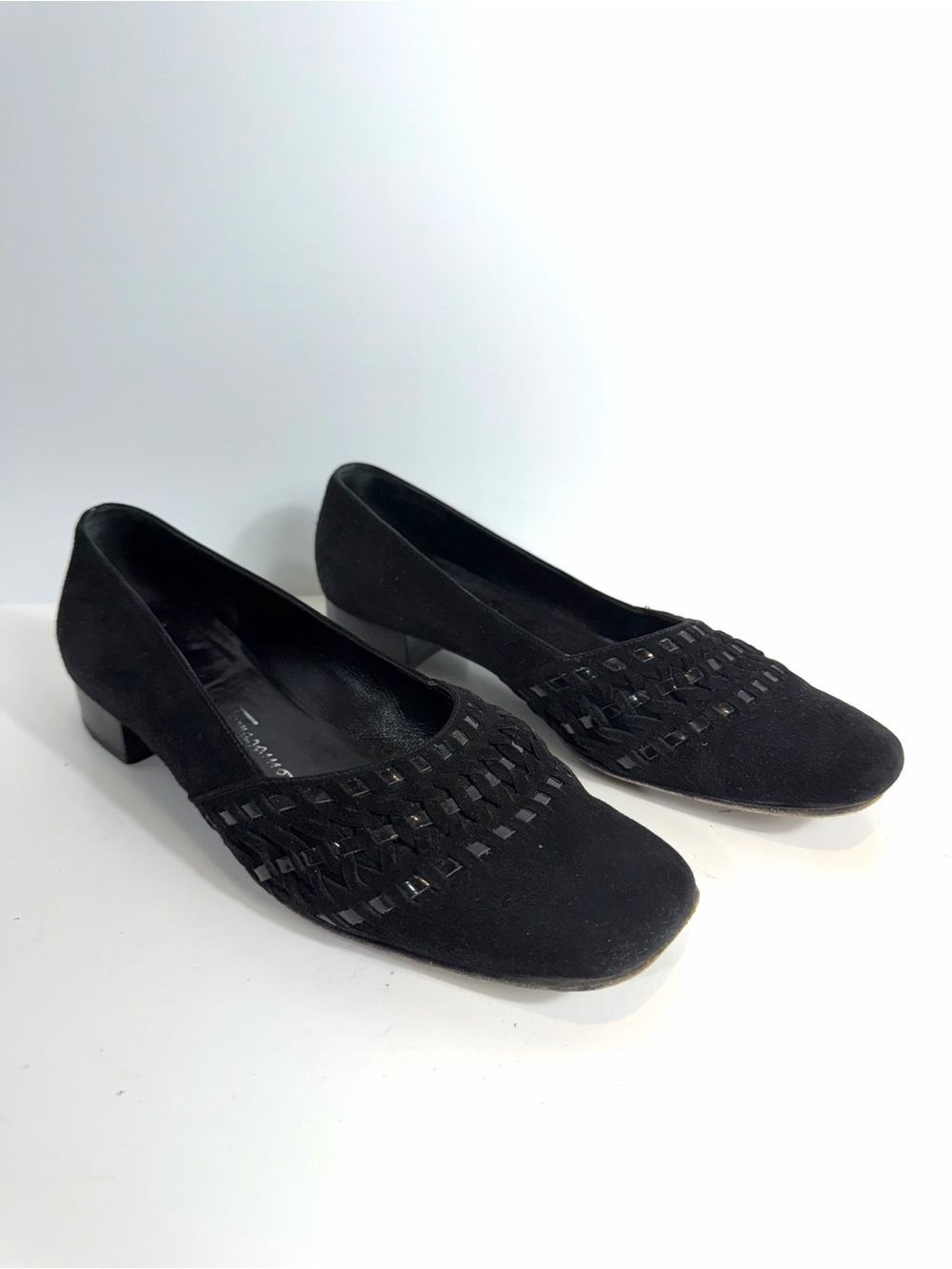 Salvatore Ferragamo Vintage Black Suede Woven Detail Block Heel Pumps 6.5 C